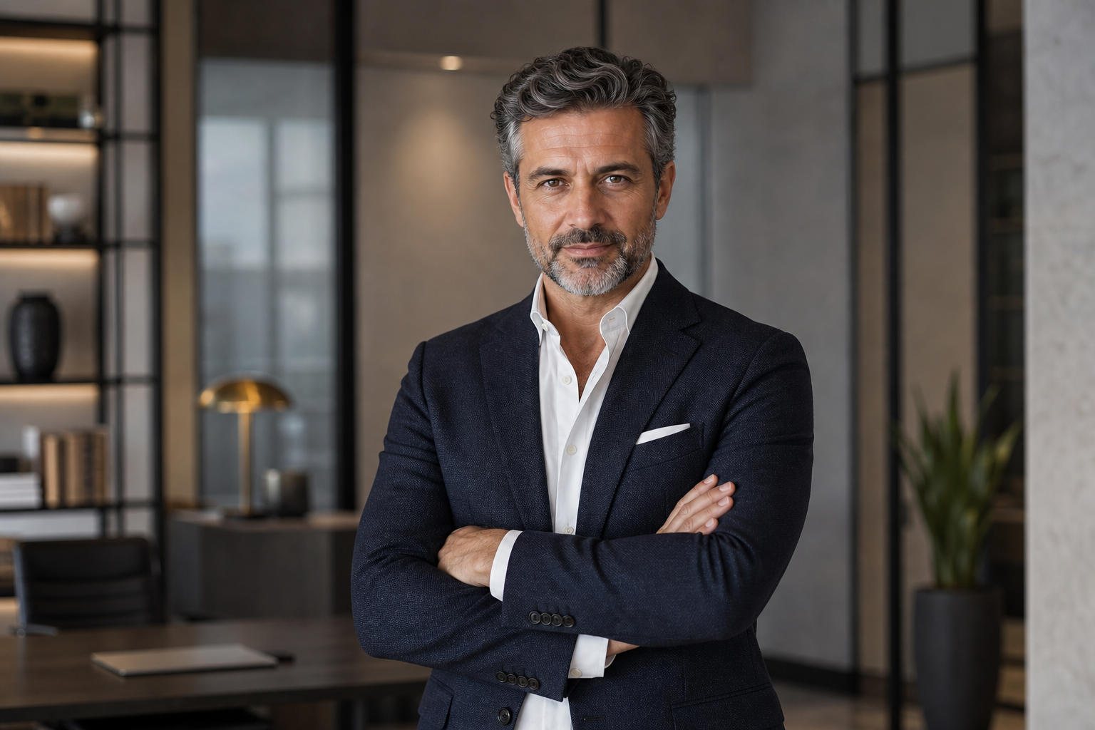 Business coach standing waist-up, looking directly at the viewer with calm confidence